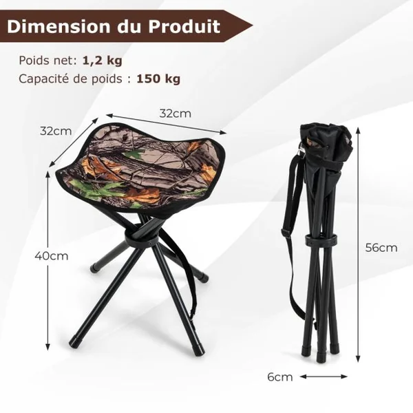 Lot de 2 Tabourets de Camping Pliant en Tissu Oxford avec Sangle d'Épaule Charge 150 KG pour Randonnée Chasse et Pêche