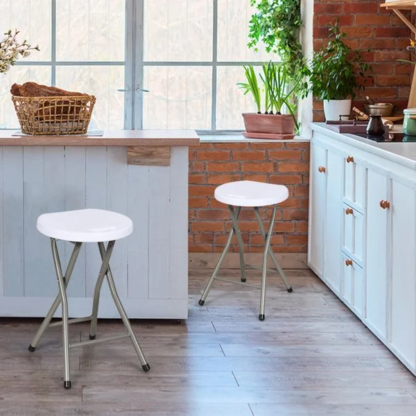 Lot de 2 Tabourets Pliants Tabouret de Bar Pliable Capacité d’un Tabouret 100kg en Plastique et Fer 31x31x46cm Blanc