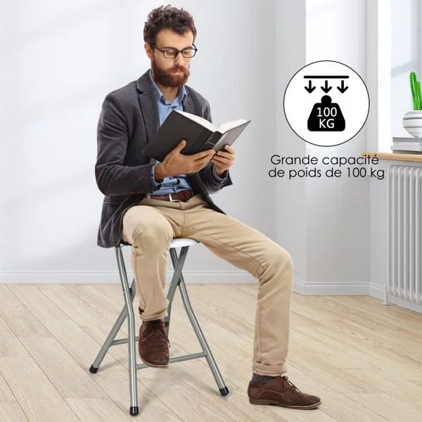 Lot de 2 Tabourets Pliants Tabouret de Bar Pliable Capacité d’un Tabouret 100kg en Plastique et Fer 31x31x46cm Blanc
