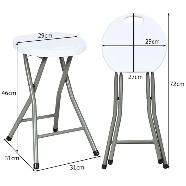 Lot de 2 Tabourets Pliants Tabouret de Bar Pliable Capacité d’un Tabouret 100kg en Plastique et Fer 31x31x46cm Blanc