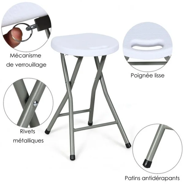 Lot de 2 Tabourets Pliants Tabouret de Bar Pliable Capacité d’un Tabouret 100kg en Plastique et Fer 31x31x46cm Blanc
