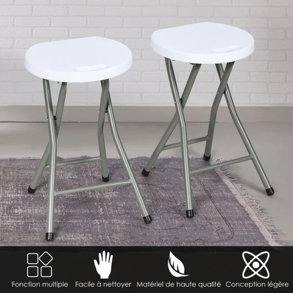 Lot de 2 Tabourets Pliants Tabouret de Bar Pliable Capacité d’un Tabouret 100kg en Plastique et Fer 31x31x46cm Blanc