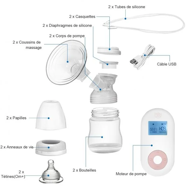 Lot de 2 Tire-laits Électriques Double Pompage 180 Ml 3 Modes Ecran Lcd Accessoires en Abs Silicone Pp Alimentaire