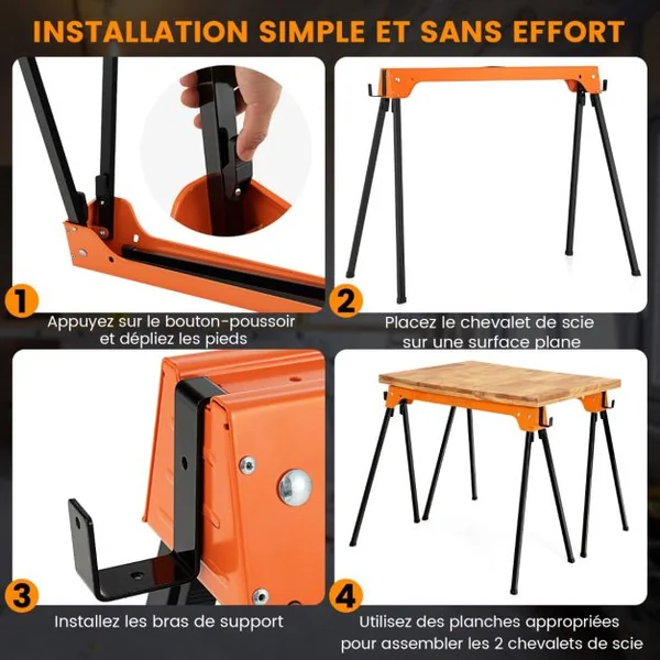 Lot de 2 Tréteaux Pliables Métalliques Charge Max 600 kg Tréteaux Pliants Compacts avec 4 Crochets 92 x 48 x 74 cm Jaune/Orange