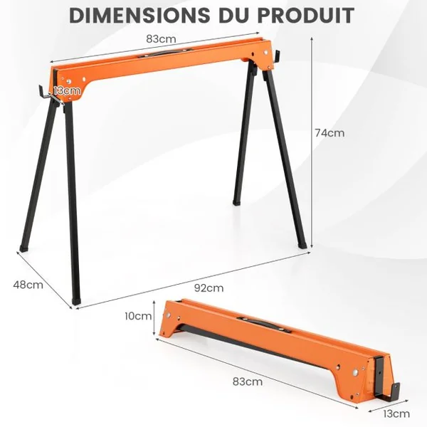 Lot de 2 Tréteaux Pliables Métalliques Charge Max 600 kg Tréteaux Pliants Compacts avec 4 Crochets 92 x 48 x 74 cm Jaune/Orange