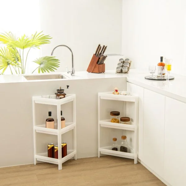 Lot de 2 Étagère de Rangement à 3 Niveaux 33x33x70CM avec Trous de Drainage pour Cuisine étroits Salle de Bain Blanc