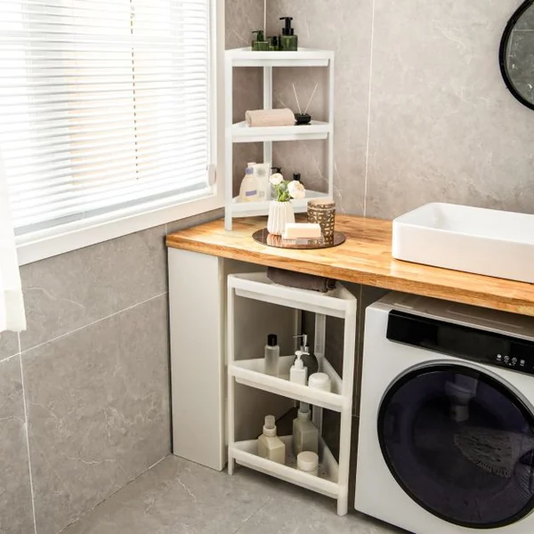 Lot de 2 Étagère de Rangement à 3 Niveaux 33x33x70CM avec Trous de Drainage pour Cuisine étroits Salle de Bain Blanc