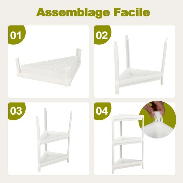 Lot de 2 Étagère de Rangement à 3 Niveaux 33x33x70CM avec Trous de Drainage pour Cuisine étroits Salle de Bain Blanc