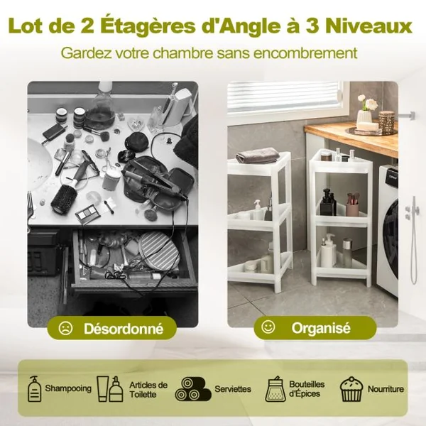 Lot de 2 Étagère de Rangement à 3 Niveaux 33x33x70CM avec Trous de Drainage pour Cuisine étroits Salle de Bain Blanc