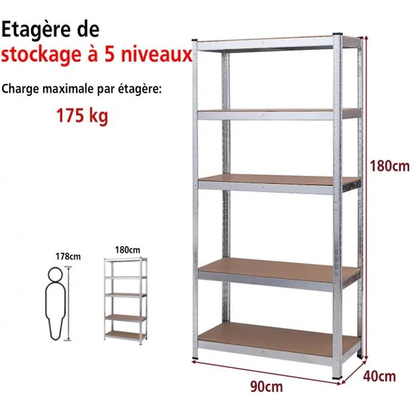 Lot de 2 Étagères 90x40x180CM avec 5 Tablettes Charge 175KG Étagères de Garage en Métal Galvanisé
