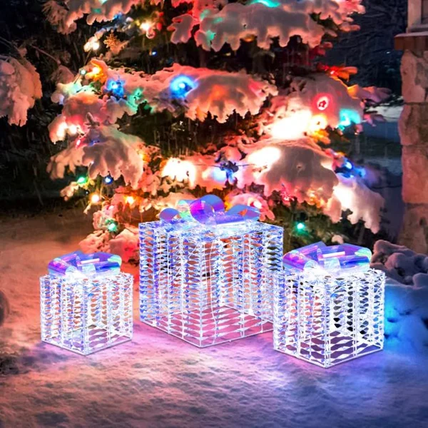 Lot de 3 Boîtes Cadeaux Irisées de Noël Boîtes Cadeaux Éclairées 156 Lumières LED Blanches Froides avec Nœuds Piquets de Sol