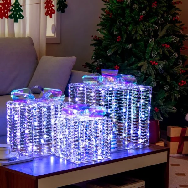 Lot de 3 Boîtes Cadeaux Irisées de Noël Boîtes Cadeaux Éclairées 156 Lumières LED Blanches Froides avec Nœuds Piquets de Sol