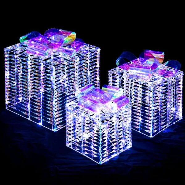 Lot de 3 Boîtes Cadeaux Irisées de Noël Boîtes Cadeaux Éclairées 156 Lumières LED Blanches Froides avec Nœuds Piquets de Sol