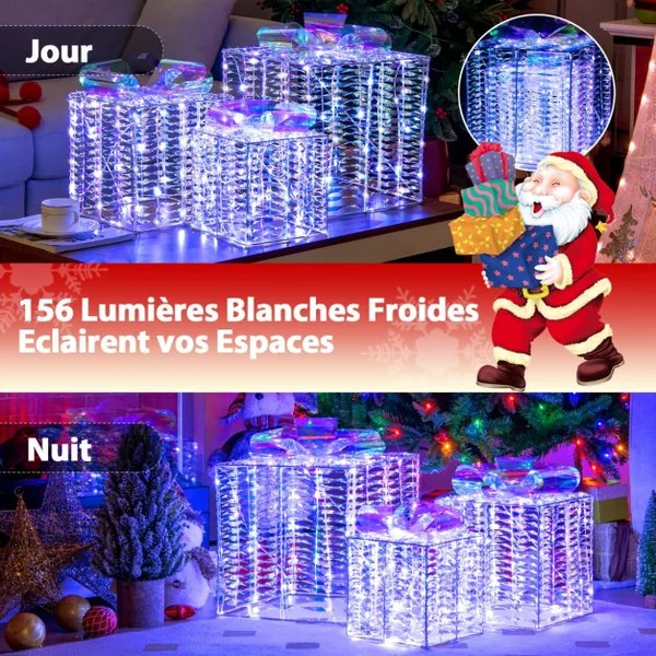 Lot de 3 Boîtes Cadeaux Irisées de Noël Boîtes Cadeaux Éclairées 156 Lumières LED Blanches Froides avec Nœuds Piquets de Sol