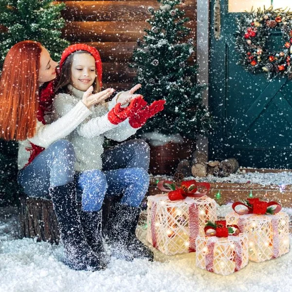 Lot de 3 Boîtes à Cadeaux Lumineuses de Noël avec 60 LED de Noël Fonction minuterie 6 heures Pommes de Pin et Feuilles