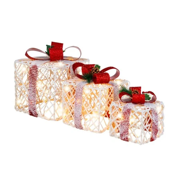 Lot de 3 Boîtes à Cadeaux Lumineuses de Noël avec 60 LED de Noël Fonction minuterie 6 heures Pommes de Pin et Feuilles