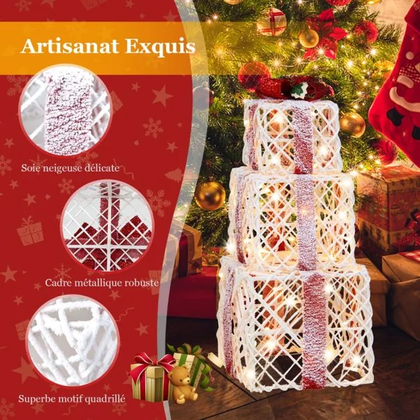 Lot de 3 Boîtes à Cadeaux Lumineuses de Noël avec 60 LED de Noël Fonction minuterie 6 heures Pommes de Pin et Feuilles