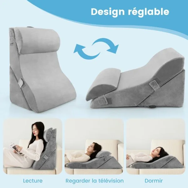 Lot de 3 Coussins de Lecture en Éponge Haute Densité avec Appuie-tête Amovible Oreiller Compensé avec Housse Amovible Gris