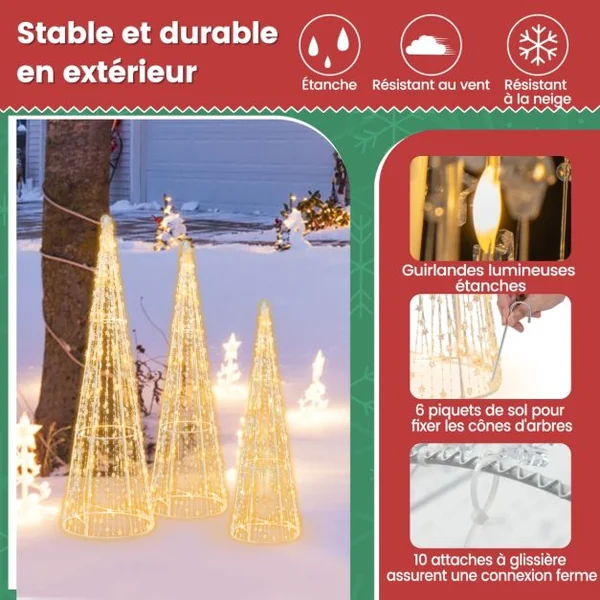 Lot de 3 Cônes de Noël Pré-éclairés avec 90 Lumières LED Blanc Chaud Ensemble d'Arbres Coniques de Noël Cordes Étoilées Décorations de Noël