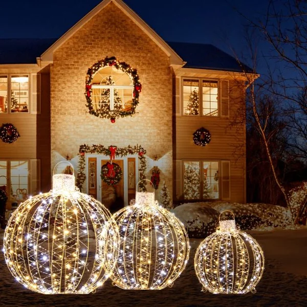 Lot de 3 Déco Boules LED de Noël avec 180 Lumière Chaude et 180 Blanche pour Arbre Pelouse Jardin Décoration de Noël Or