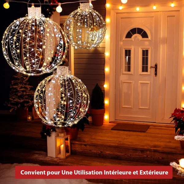 Lot de 3 Déco Boules LED de Noël avec 180 Lumière Chaude et 180 Blanche pour Arbre Pelouse Jardin Décoration de Noël Or