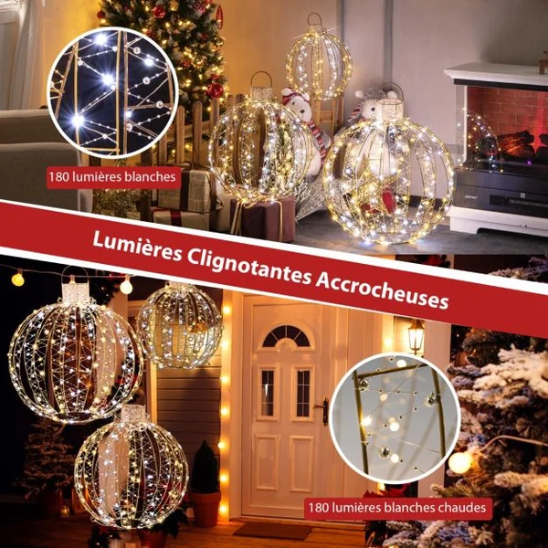 Lot de 3 Déco Boules LED de Noël avec 180 Lumière Chaude et 180 Blanche pour Arbre Pelouse Jardin Décoration de Noël Or
