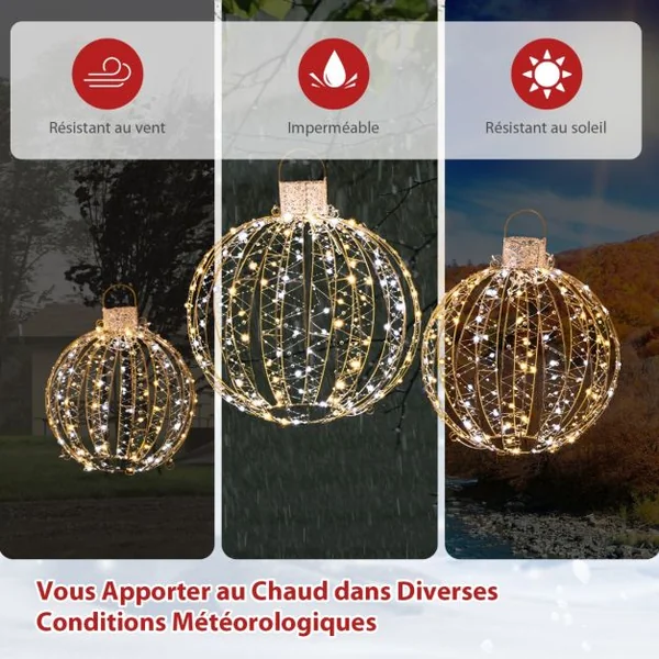 Lot de 3 Déco Boules LED de Noël avec 180 Lumière Chaude et 180 Blanche pour Arbre Pelouse Jardin Décoration de Noël Or