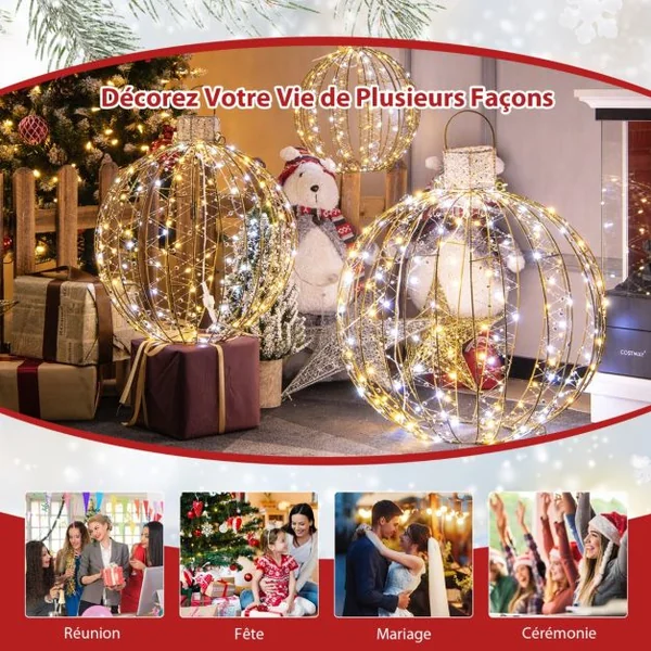Lot de 3 Déco Boules LED de Noël avec 180 Lumière Chaude et 180 Blanche pour Arbre Pelouse Jardin Décoration de Noël Or
