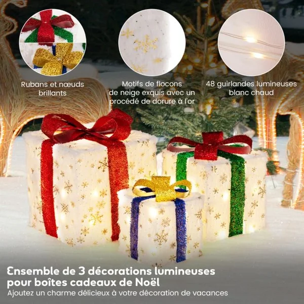 Lot de 3 Paquets Cadeaux Lumineux de Noël Décoration de Noël Pré-Éclairée 48 Lumières Chaudes et Lumineuses Boîtes Cadeaux avec Nœuds