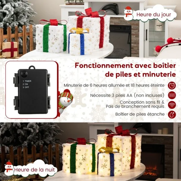 Lot de 3 Paquets Cadeaux Lumineux de Noël Décoration de Noël Pré-Éclairée 48 Lumières Chaudes et Lumineuses Boîtes Cadeaux avec Nœuds