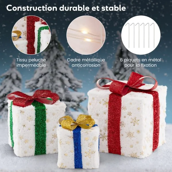 Lot de 3 Paquets Cadeaux Lumineux de Noël Décoration de Noël Pré-Éclairée 48 Lumières Chaudes et Lumineuses Boîtes Cadeaux avec Nœuds