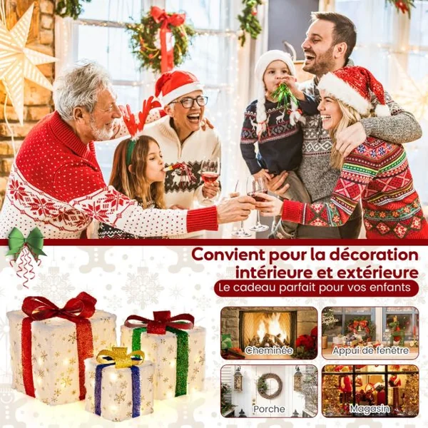Lot de 3 Paquets Cadeaux Lumineux de Noël Décoration de Noël Pré-Éclairée 48 Lumières Chaudes et Lumineuses Boîtes Cadeaux avec Nœuds