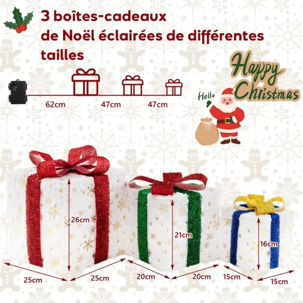 Lot de 3 Paquets Cadeaux Lumineux de Noël Décoration de Noël Pré-Éclairée 48 Lumières Chaudes et Lumineuses Boîtes Cadeaux avec Nœuds
