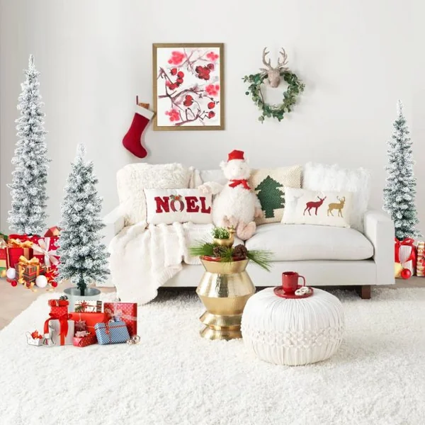 Lot de 3 Sapins de Noël Artificiels 90/120/150 CM avec 120/140/160 Branches Enneigées en PVC Bases Métalliques avec Ciment
