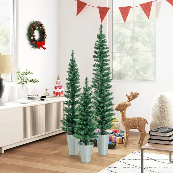 Lot de 3 Sapins de Noël Artificiels 90/120/150 CM avec 120/140/160 Pointes de Branches en PVC, Bases Métalliques avec Ciment