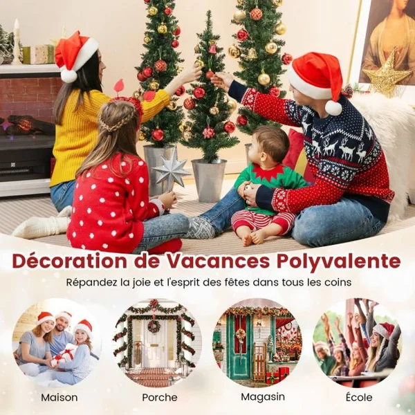 Lot de 3 Sapins de Noël Artificiels 90/120/150 CM avec 120/140/160 Pointes de Branches en PVC, Bases Métalliques avec Ciment