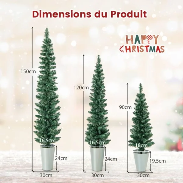 Lot de 3 Sapins de Noël Artificiels 90/120/150 CM avec 120/140/160 Pointes de Branches en PVC, Bases Métalliques avec Ciment