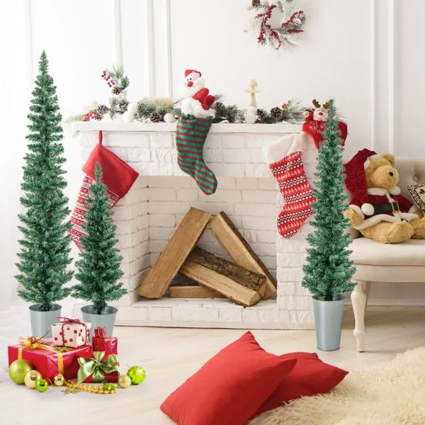 Lot de 3 Sapins de Noël Artificiels 90/120/150 CM avec 120/140/160 Pointes de Branches en PVC, Bases Métalliques avec Ciment