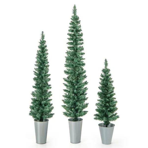 Lot de 3 Sapins de Noël Artificiels 90/120/150 CM avec 120/140/160 Pointes de Branches en PVC, Bases Métalliques avec Ciment