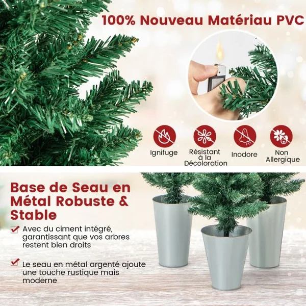 Lot de 3 Sapins de Noël Artificiels 90/120/150 CM avec 120/140/160 Pointes de Branches en PVC, Bases Métalliques avec Ciment
