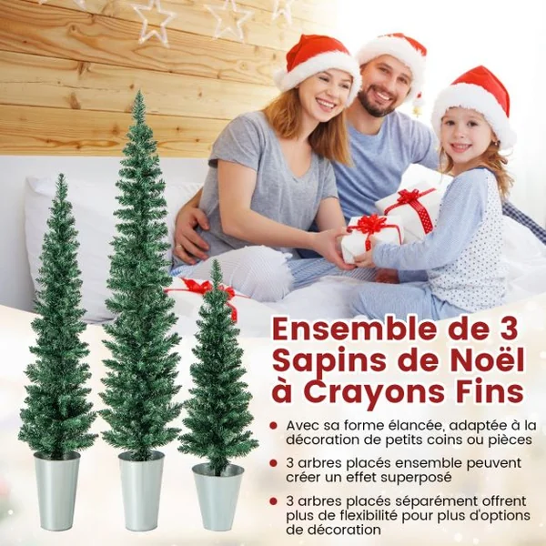 Lot de 3 Sapins de Noël Artificiels 90/120/150 CM avec 120/140/160 Pointes de Branches en PVC, Bases Métalliques avec Ciment