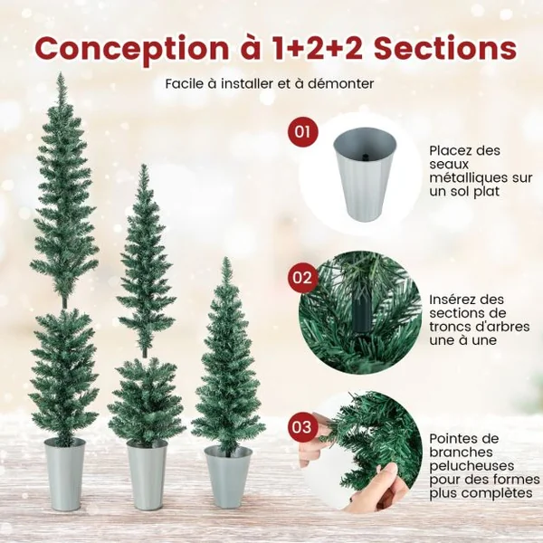Lot de 3 Sapins de Noël Artificiels 90/120/150 CM avec 120/140/160 Pointes de Branches en PVC, Bases Métalliques avec Ciment