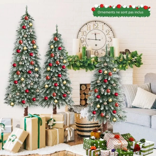 Lot de 3 Sapins de Noël Srtificiels de 90 cm/120 cm/150 cm Sapin de Noël Enneigé avec 129/231/369 Branches en PVC et 50/100/150 Lumières LED Blanc Chaud