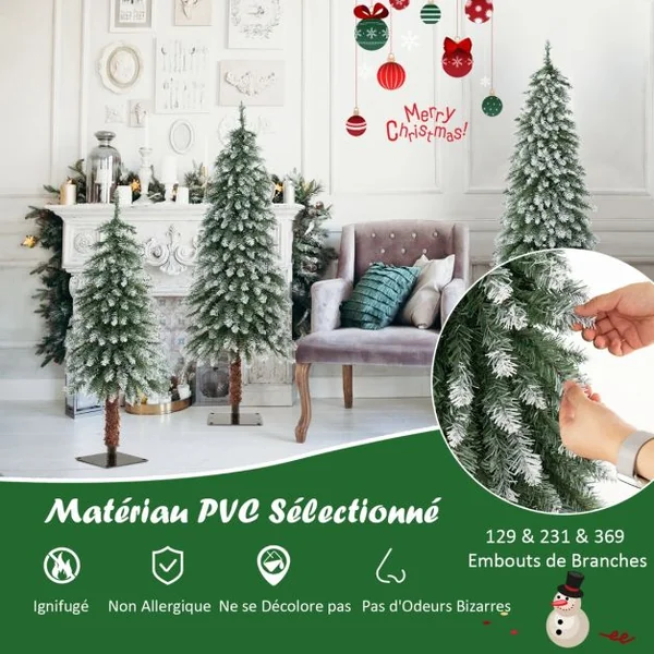 Lot de 3 Sapins de Noël Srtificiels de 90 cm/120 cm/150 cm Sapin de Noël Enneigé avec 129/231/369 Branches en PVC et 50/100/150 Lumières LED Blanc Chaud
