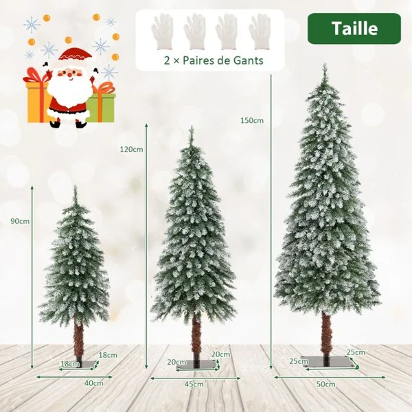 Lot de 3 Sapins de Noël Srtificiels de 90 cm/120 cm/150 cm Sapin de Noël Enneigé avec 129/231/369 Branches en PVC et 50/100/150 Lumières LED Blanc Chaud