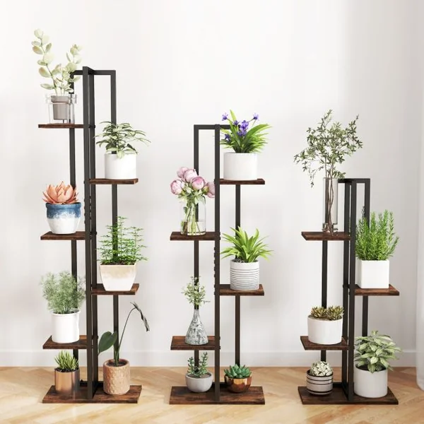 Lot de 3 Supports de Plantes Intérieures à 4+5+6 Niveaux Porte-Plantes d'Angle avec Dispositifs Anti-basculement Marron
