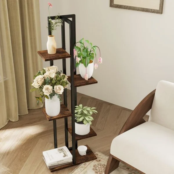 Lot de 3 Supports de Plantes Intérieures à 4+5+6 Niveaux Porte-Plantes d'Angle avec Dispositifs Anti-basculement Marron