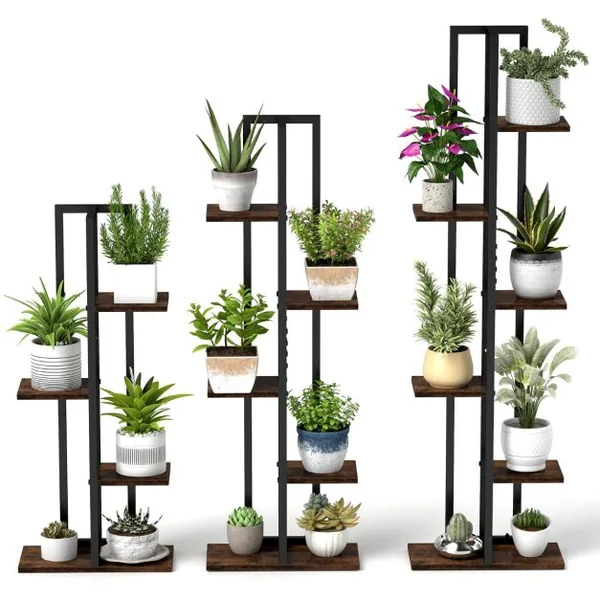 Lot de 3 Supports de Plantes Intérieures à 4+5+6 Niveaux Porte-Plantes d'Angle avec Dispositifs Anti-basculement Marron