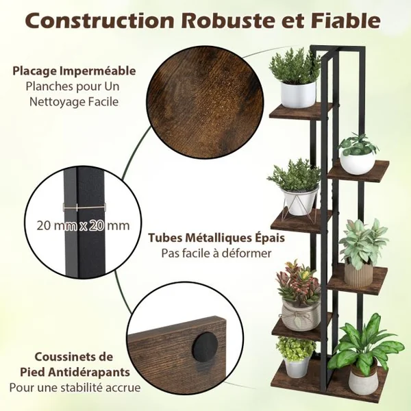 Lot de 3 Supports de Plantes Intérieures à 4+5+6 Niveaux Porte-Plantes d'Angle avec Dispositifs Anti-basculement Marron