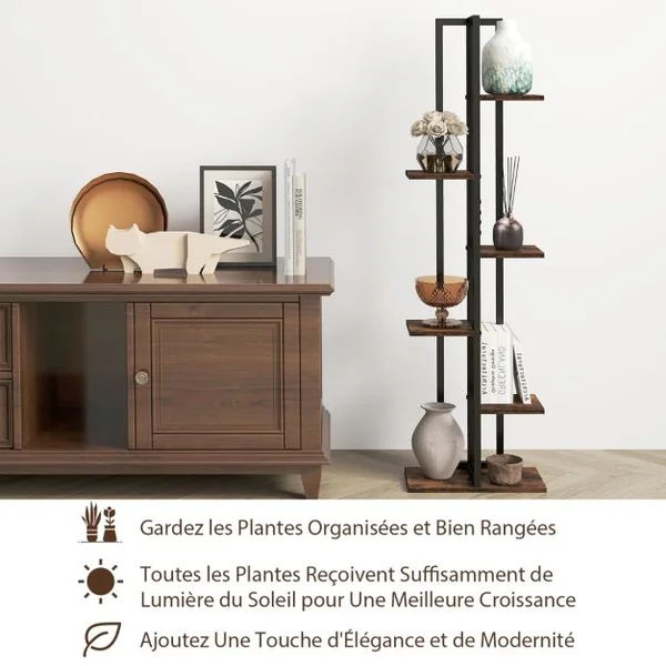 Lot de 3 Supports de Plantes Intérieures à 4+5+6 Niveaux Porte-Plantes d'Angle avec Dispositifs Anti-basculement Marron